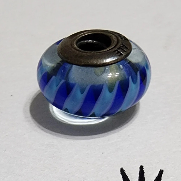 PANDORA Teal-Blue Stripes Murano Glass Sterling Silver Charm - Retired - Picture 8 of 8